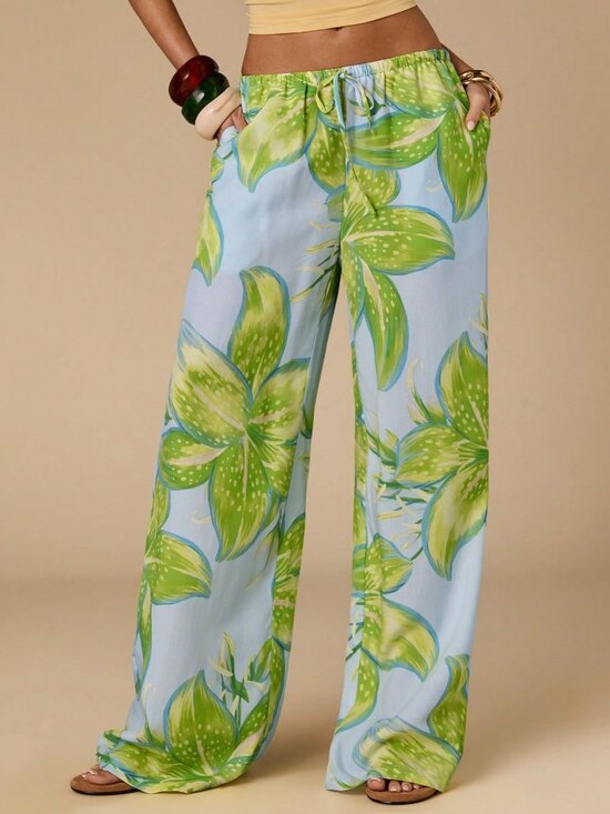 Pants - Cantaloupe Yellow Boho Women's Vacation Floral Print Woven Loose Wide Leg